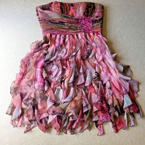 VTG Y2K Cache Pink Strapless Mini‎ Dress Sz 4 Ruffle Fairy Formal Hoco Prom